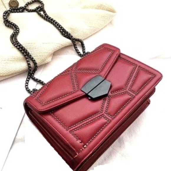 Handbags - NEW - Wine Red Vegan Leather Bag with Silver Beaded Detail and Chain Strap